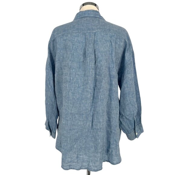 Madewell Shirred Button-Up Shirt In Linen-Cotton Blue Size Large NWT - Picture 8 of 13